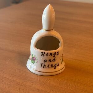 VINTAGE BONE CHINA RINGS AND THINGS BELL RING HOLDER FLORAL COTTAGE CORE